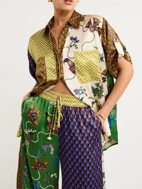 'Qadira' Multicolour Print Button Up Shirt and Pants Set - Celes Fashion